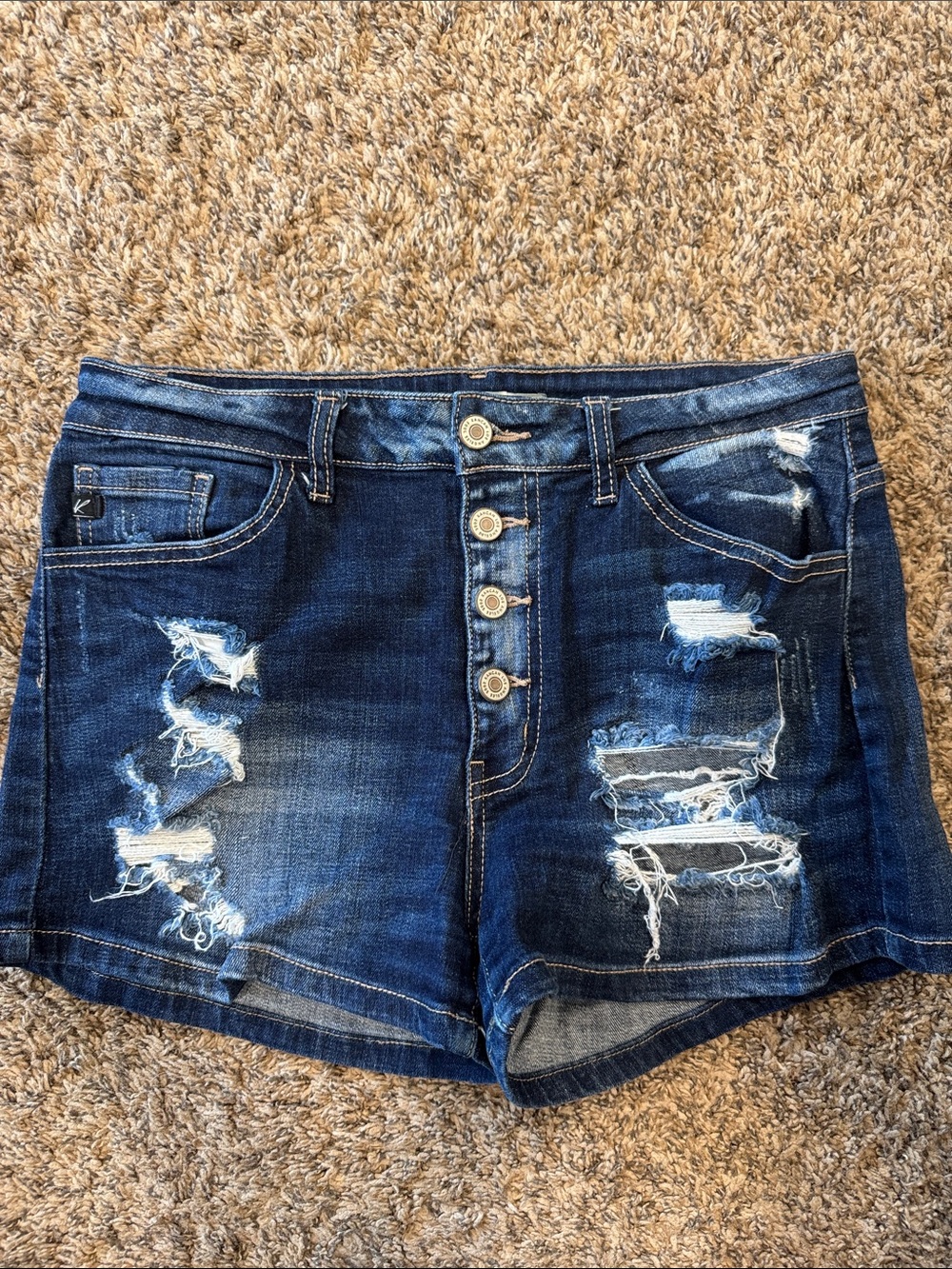 KanCan Dark Blue Distressed Button-Front Denim Shorts